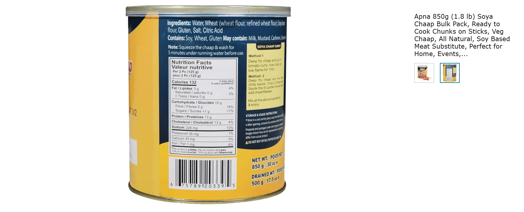 Apna soya chaap label showing 13 g protein per 125 g and wheat flour listed before soybean flour