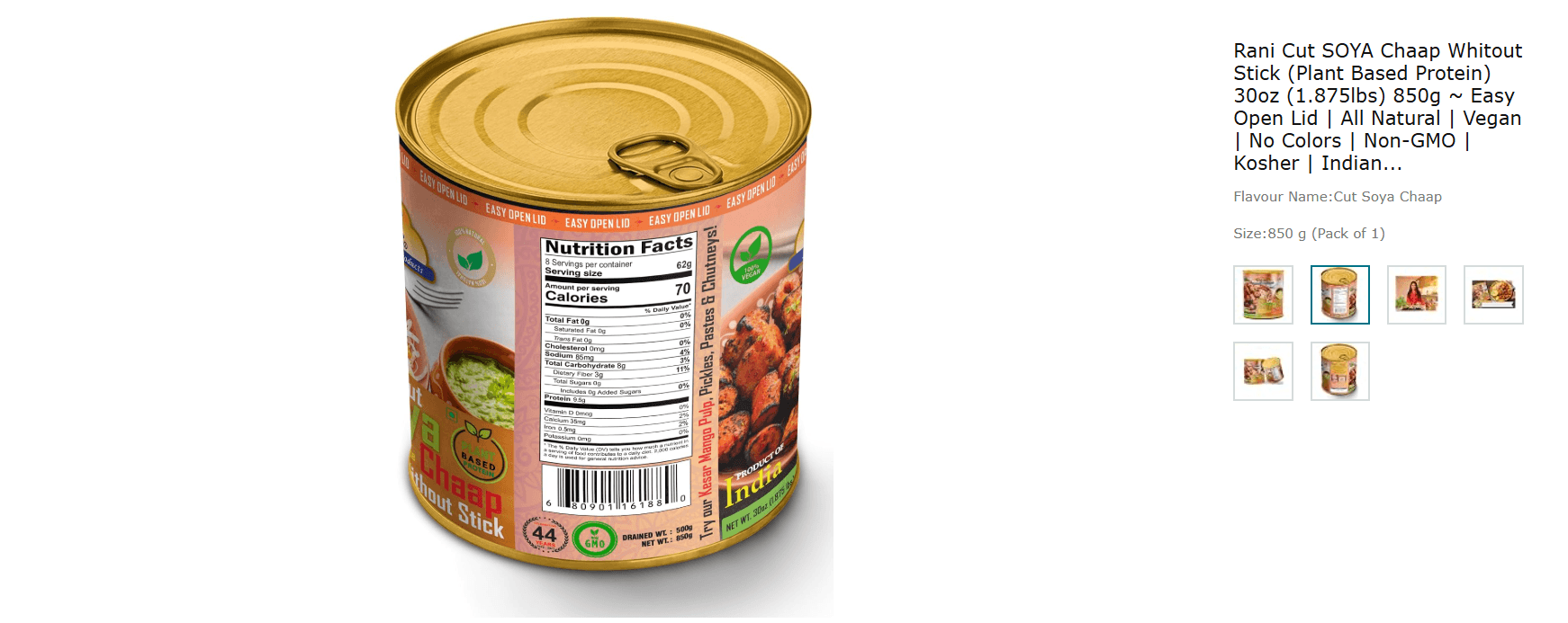 Rani cut soya chaap nutrition label showing 6 g protein per 62 g serving
