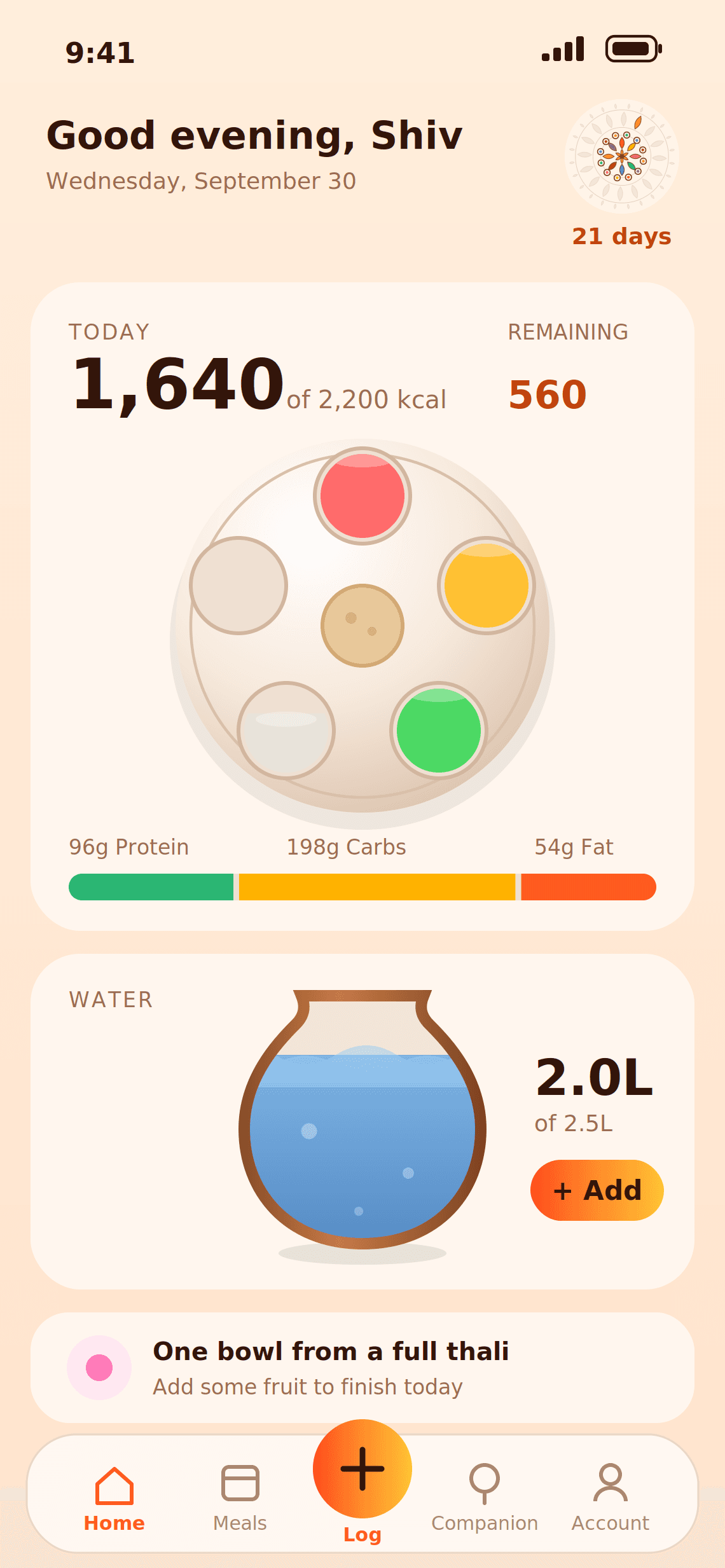 Katori home screen showing the day's calories, macros, the thali balance ring and a 21 day streak