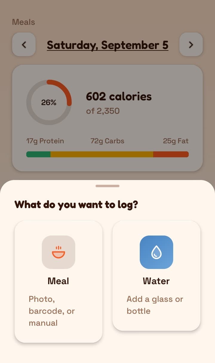 Katori log sheet with options to add a meal or water